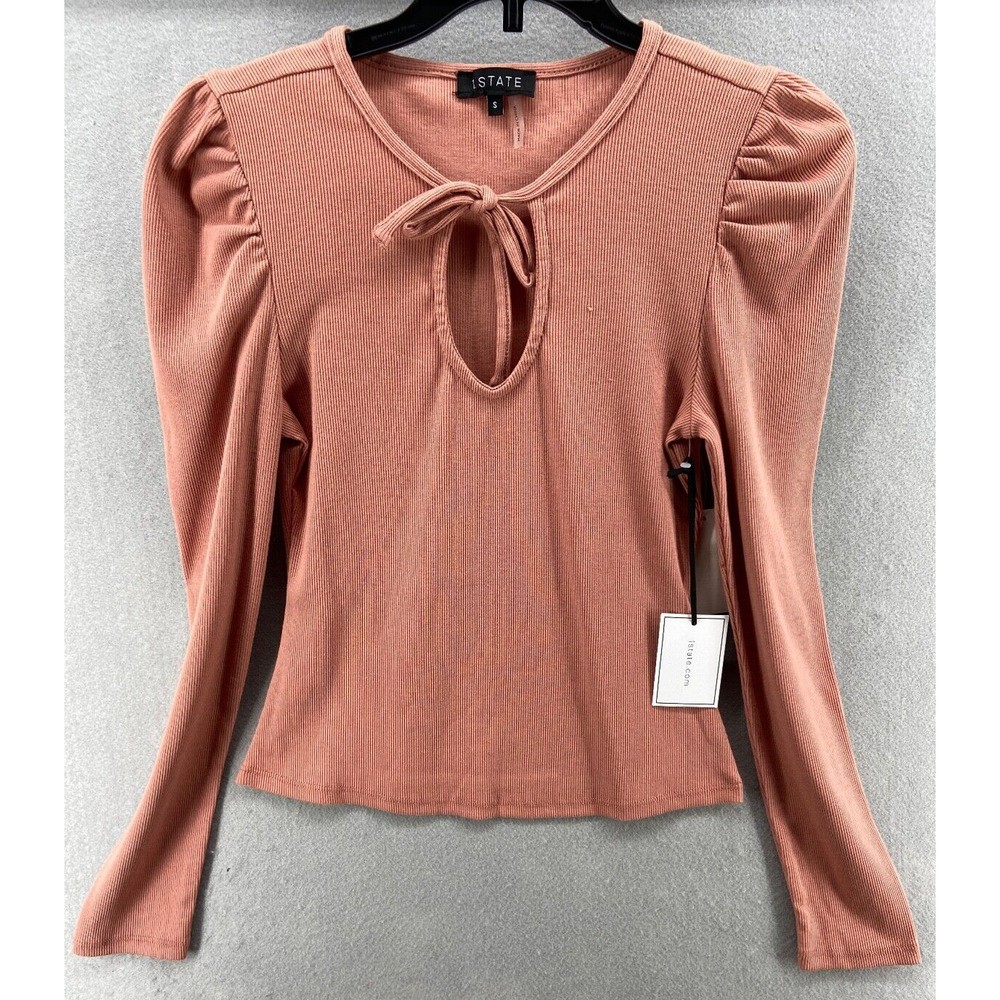 NWT 1 STATE Shirt Women's Small Pink Long Sleeve Tie Neck Cozy Knit Ribbed Top*